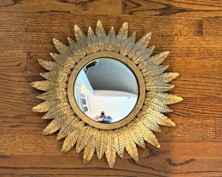 Small Metal Gilt Leaf "Sunburst" Mirror. Measures 16" D. Photo 1 of 2. 
