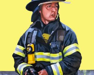 "Fireman," Original Oil on Canvas Signed on Back By Artist, Joe Bednarski. Measures 36" x 48".