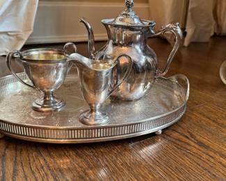 Silver Plate Coffee Pot, Cream, Sugar and Tray Set. 