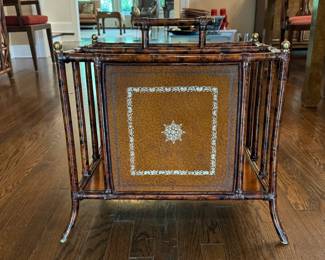 Vintage Burnt Bamboo Magazine Rack with Leather Front and Brass Details. Photo 1 of 2. 