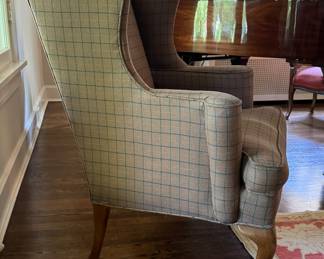 Vintage Queen-Anne Style Plaid Upholstered Wing Back Chair. Photo 2 of 4. 