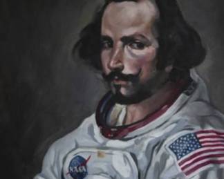 "Portrait of a 17th Century Astronaut," Original Oil on Canvas Signed On Back By Artist Joe Bednarski. Measures 20" W x 24" H. 