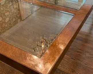 Vintage Glass Top Extension Dining Table with Burl Wood Frame. Measures As Shown: 44" W x 97" L x 29" H with 31" Leaf. Without Leaf, Measures 44" W x 66" L x 29" H. Photo 2 of 3.