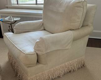 Pair of Kreiss Collection Club Chairs & Matching Ottoman with Fringe. Boho Chic as Is But Would Benefit From Reupholstering! Ask Us For Resources. Measurements: 34" W x 36" D (Chairs) & 32" x 25" (Ottoman). Photo 2 of 4. 