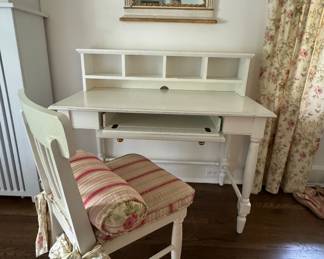 White Desk with Key Board Tray, Cubbies & Chair Set. Measures 42" x 24" D.