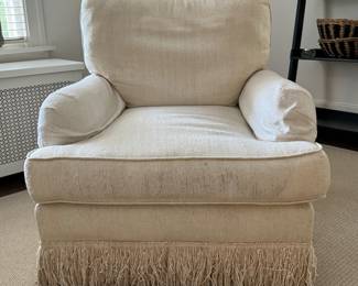 Pair of Kreiss Collection Club Chairs & Matching Ottoman with Fringe. Boho Chic as Is But Would Benefit From Reupholstering! Ask Us For Resources. Measurements: 34" W x 36" D (Chairs) & 32" x 25" (Ottoman). Photo 1 of 4. 