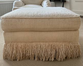 Pair of Kreiss Collection Club Chairs & Matching Ottoman with Fringe. Boho Chic as Is But Would Benefit From Reupholstering! Ask Us For Resources. Measurements: 34" W x 36" D (Chairs) & 32" x 25" (Ottoman). Photo 3 of 4. 