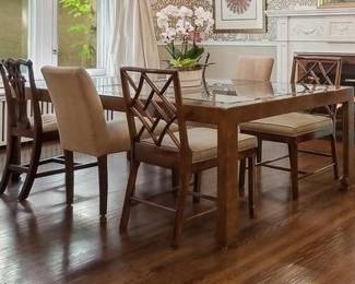 Vintage Glass Top Extension Dining Table with Burl Wood Frame. Measures As Shown: 44" W x 97" L x 29" H with 31" Leaf. Without Leaf, Measures 44" W x 66" L x 29" H. Photo 1 of 3.