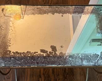 Pair of Jayson Home & Garden Gilded Stamped Iron Side Tables with Smoky-Glass Mirrored Tops. Each Measures 16.5" W x 28.5" D x 22.5" H. Photo 4 of 4. 