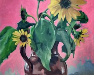 "Pink Sunflowers," Original Oil on Canvas Signed On Back By Artist, Joe Bednarski. Measures 36" x 48."