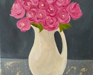 "White Vase, Pink Flowers Still Life," Original Acrylic On Canvas Signed On Back By Artist, Laura Bednarski. Measures 20" x 24". 