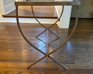 Pair of Jayson Home & Garden Gilded Stamped Iron Side Tables with Smoky-Glass Mirrored Tops. Each Measures 16.5" W x 28.5" D x 22.5" H. Photo 1 of 4. 