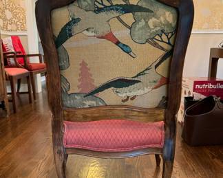 Vintage Queen-Anne Style Arm Chair with Contrasting Mulberry Flying Ducks Upholstered Back. Photo 5 of 5. 
