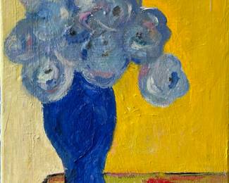 "Blue Vase Green Table Still Life," Original Acrylic On Canvas Signed On Back By Artist, Laura Bednarski. Measures 12" x 16". 