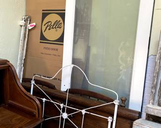 Antique Metal Bed Frame, Antique Wooden Bed Frame, and brand new White sliding Pella Door (about 8 feet tall)