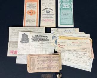 Antique Stocks and Bonds Coupons, 1921 Real Estate Bond, Receipts, KEM Lighter and Civil War Tag 