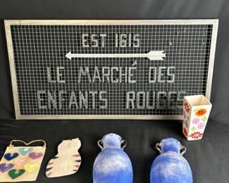 Metal Sign, Blown Glass And Hand Painted Decor 