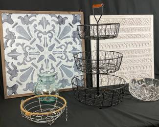 French Provincial Wall Art 2 Pieces Tiered Metal Wire Stand  Bowl, Cut Glass Bowl  Glass Pitcher 