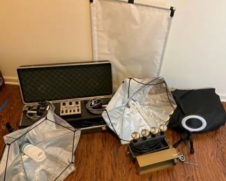 Photo Studio ItemsLg Backdrop, Ring Light, 2 Umbrella Shades WBulbs, 2 vintage pieces 