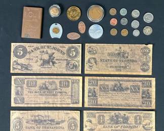 1845P and 1852 Liberty Gold Penny, Confederate Money State Of Florida and Various Other Old Coins