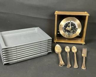 SEIKO Quartz Work Time Zone Clock, 8 Delta Airlines Trays and 12 Piece Ritz Carlton Silverware 