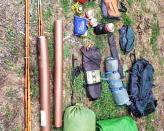 Camping Equipment:  Backpack, Stove, Sleeping Bag, Sleeping Pad, Tent and more!  Also two Three-piece Bamboo Fishing Poles.  Lots of potential for fun here!