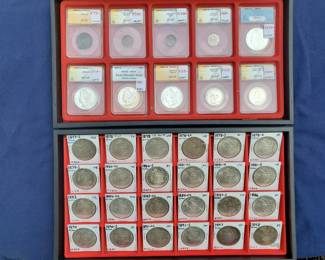 High-end graded and slabbed coins, and many uncirculated Morgan Silver Dollars from the Carson City Mint.  Also note that graded and slabbed 1909-s V.D.B. Lincoln Cent in Very Fine condition!  The "King" of a Lincoln Cent collection!