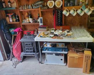 Softball Equipment, Golf Clubs, Router Stand, Budweiser Mugs, Antique Medicine Bottles, Antique Wood Stove, NASCAR Memorabilia, older Beer & Liquor Bottles for the bar, and more Moose Club Memorabilia.