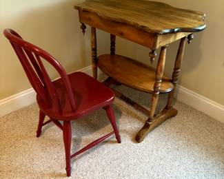 small antique side table, red childrens chair