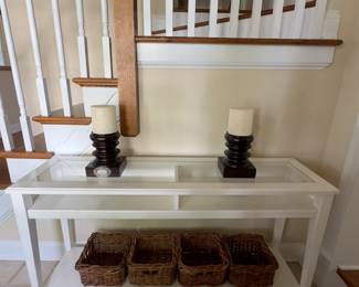 white glass top console table with shelf (52x 14x29 high)