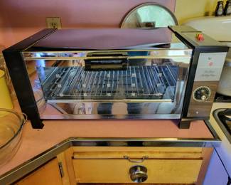 Vtg Toastmaster DeLuxe Tabletop Toaster Oven Chrome Faux Wood Broil & Bake MCM