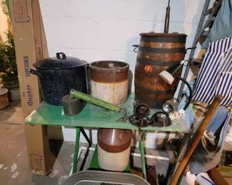 Antique crockery and barrels.