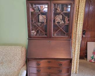 Antique Mahogany Chippendale Style Bow Front Ball and Claw Tall Secretary Desk. Very Very Good Condition!!
