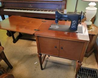 Vintage Domestic Sewing Machine And Folding Storage Table.