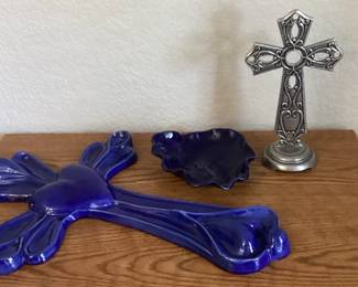Blue Ceramic Cross Metal Cross Blue Decor Dish