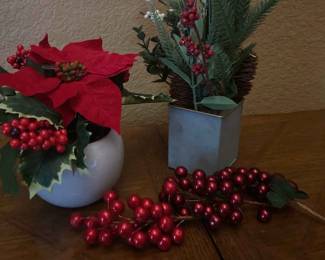 Holiday Floral Faux Poinsettia In Whitepot Faux Evergreen Branches In Tin Pot 3 Faux Holly Berri