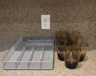 Set Of Seven Small Glasses And Metal Drawer Organizer