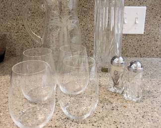 Assorted Glassware Pitcher Candle Pillar Four Stemless Wine Glasses  Salt Pepper Set