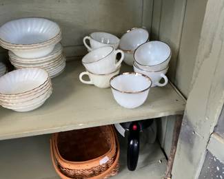 Gold rim cups, saucers & bowls in pie safe