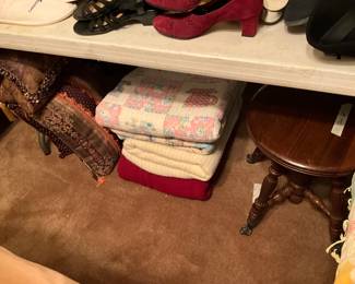 Quilts, piano stool, pillows
