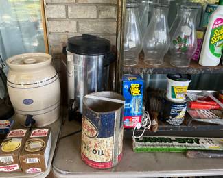 Crock water urn with spigot, old oil can, coffee maker & Kerr lids