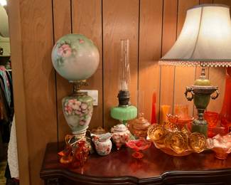 Top of sideboard in den - oil lamp has sold!