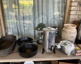 Lanterns, another coffee maker, cast iron