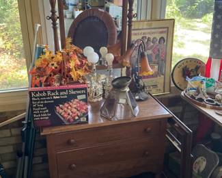 Vintage dresser, kebob rack, lamps