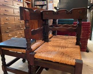 Four solid chairs with harvest table