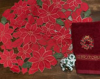 2 Poinsettia Placemats Hand Towel Miniature Christmas Tree Style Ornament cloth With Bell