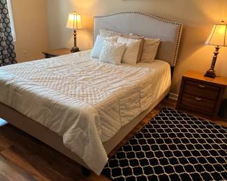 Queen size bed with upholstered bedframe and headboard and newer 10" gel memory foam mattress