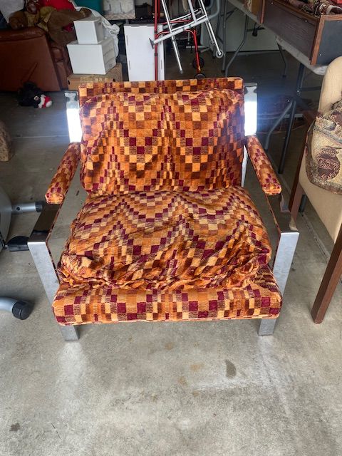 Milo Boughman? Vintage chrome chair. This had a cover on it for years, fabric & chrome is super clean but the foam cushion inside will need replacing. Chair has a great look!