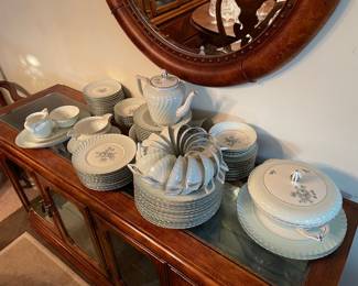 antique china set blue and white silver trim