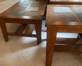 Casual coffee table and 2 matching end tables. Tables tops are tile insets